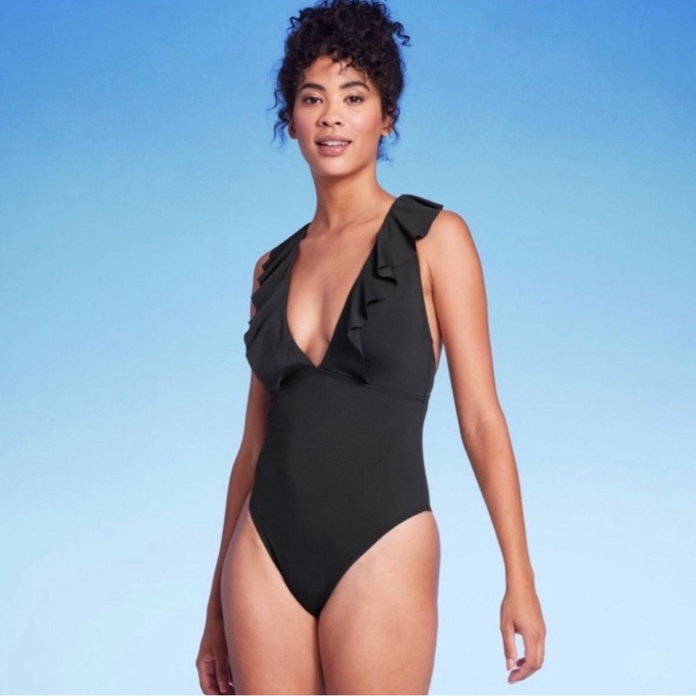 NWT Shade To Shore Plunge Ruffle One Piece Swim Suit Bathing Black Small